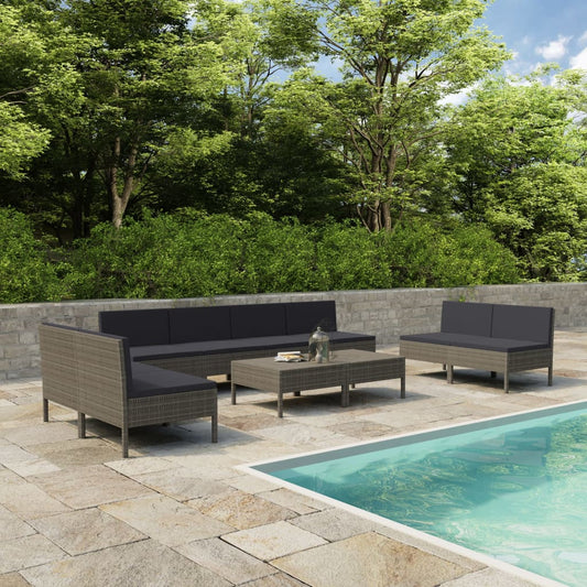 10 pièces. Salon de jardin avec coussins poly rotin gris