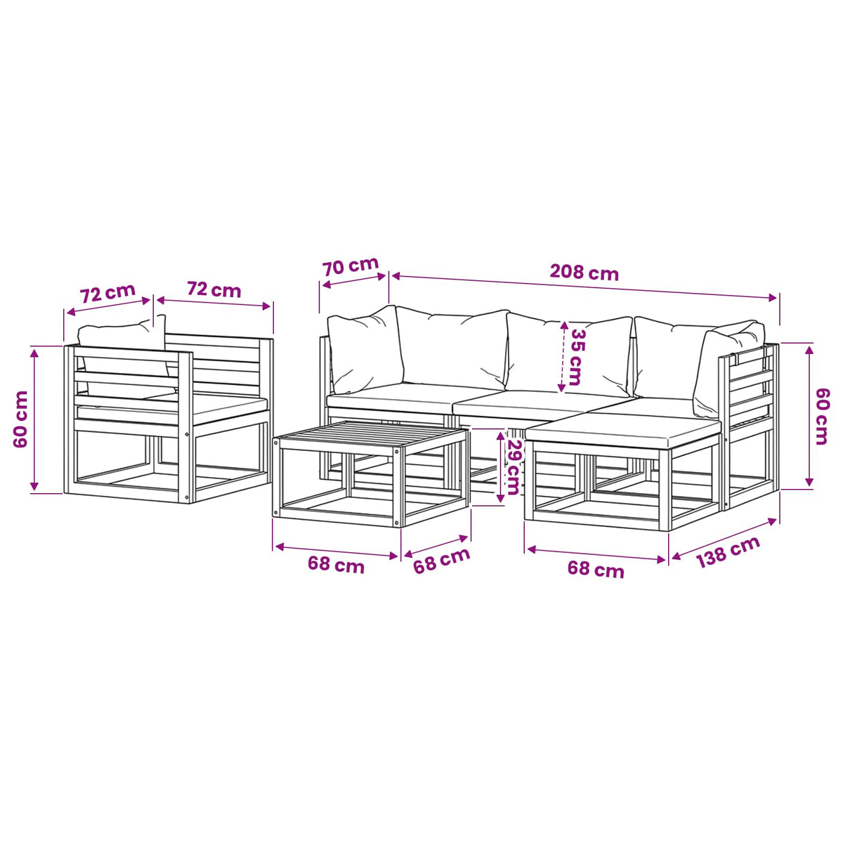 6-tlg. Garten-Lounge-Set mit Auflagen Massivholz Akazie