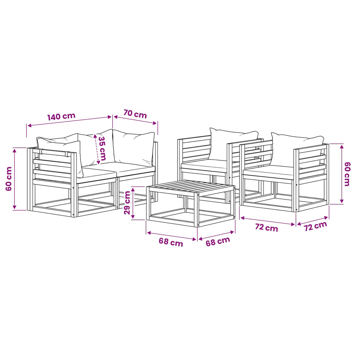 5-tlg. Garten-Lounge-Set mit Auflagen Massivholz Akazie