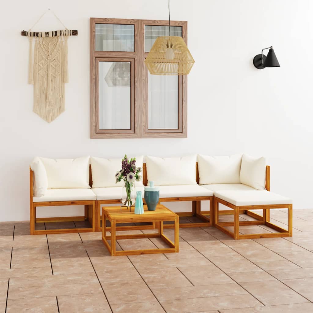 6-tlg. Garten-Lounge-Set mit Auflagen Creme Massivholz Akazie