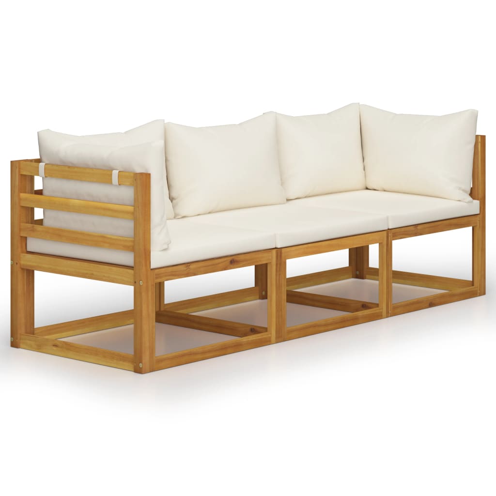 Canapé de jardin 3 places avec coussin en bois d'acacia massif crème