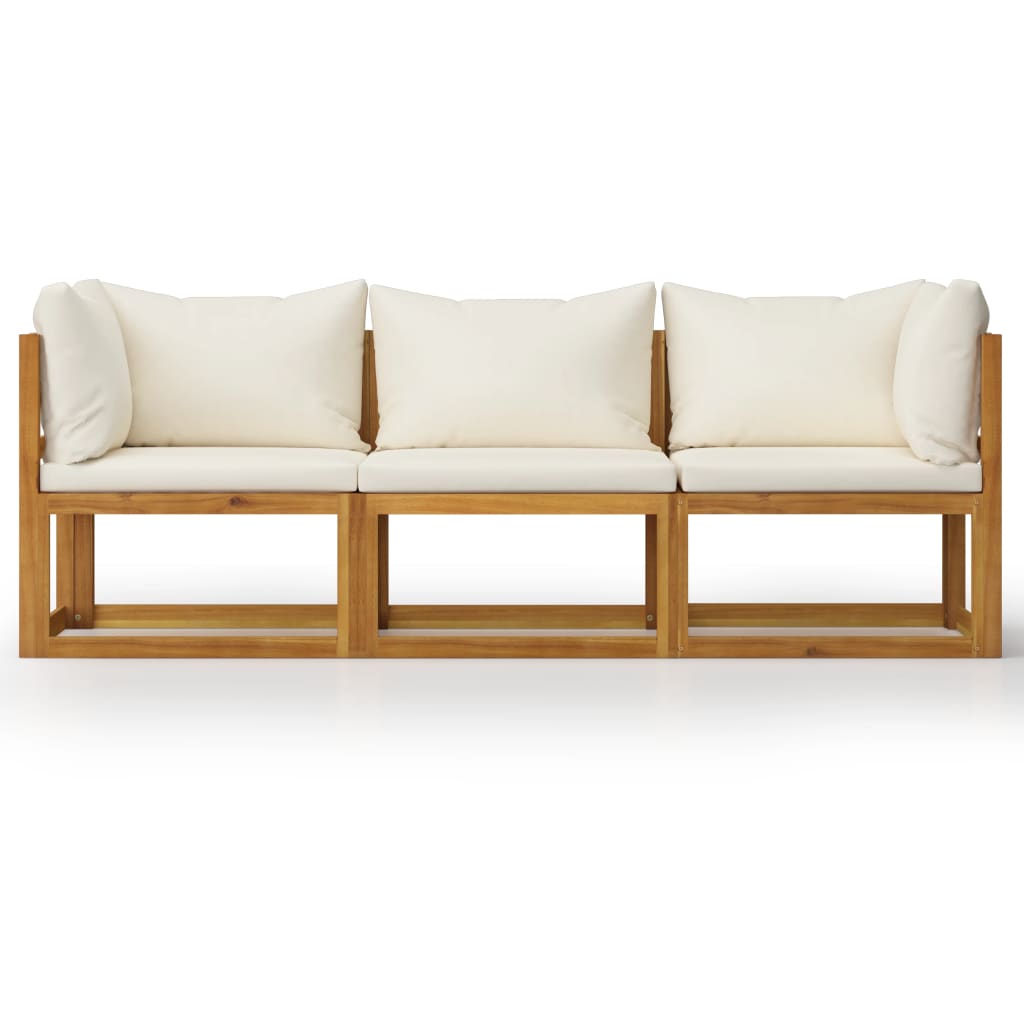 Canapé de jardin 3 places avec coussin en bois d'acacia massif crème