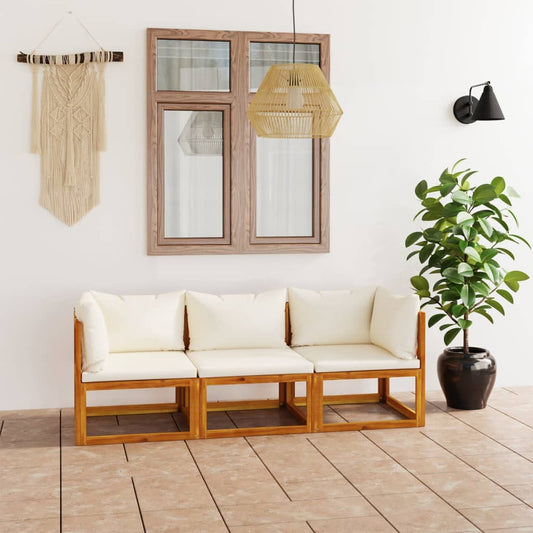 Canapé de jardin 3 places avec coussin en bois d'acacia massif crème