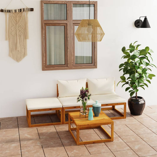 4-tlg. Garten-Lounge-Set mit Auflagen Creme Massivholz Akazie