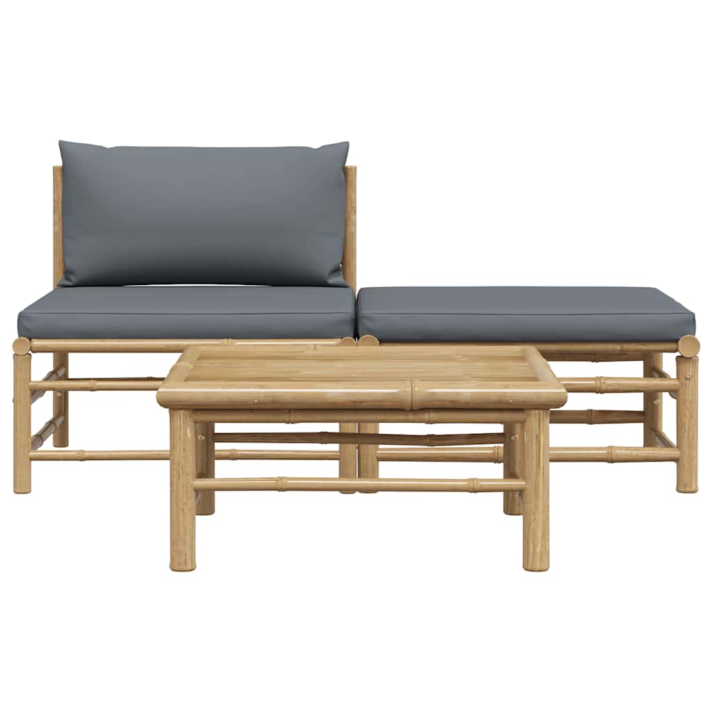 3-tlg. Garten-Lounge-Set mit Dunkelgrauen Kissen Bambus