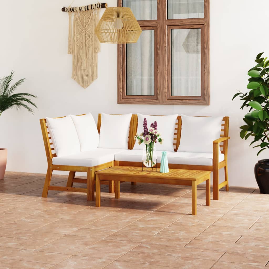 4-tlg. Garten-Lounge-Set mit Auflagen Creme Massivholz Akazie