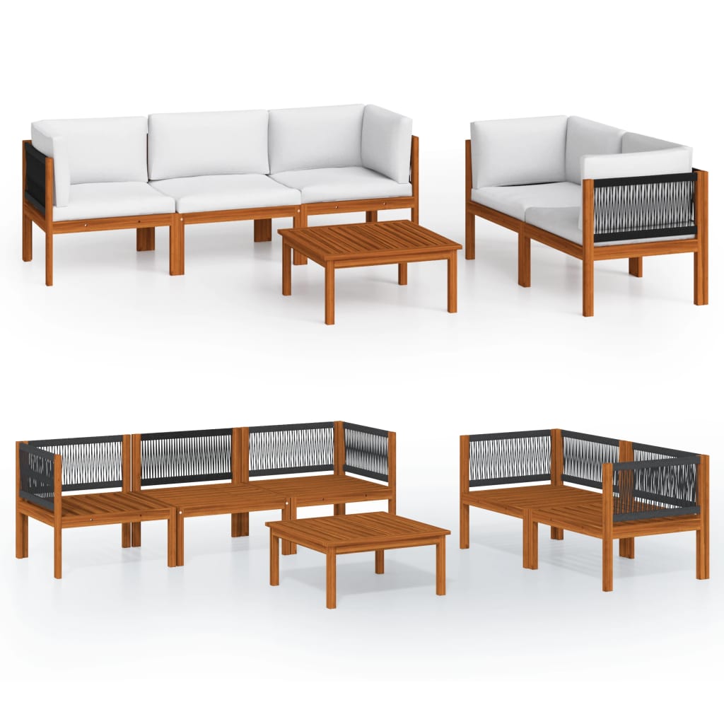 6-tlg. Garten-Lounge-Set mit Kissen Cremefarbenes Holz Akazie & Seil