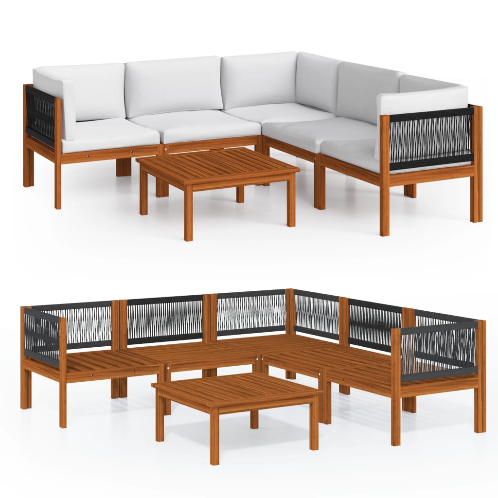 6-tlg. Garten-Lounge-Set mit Kissen Cremefarbenes Holz Akazie & Seil
