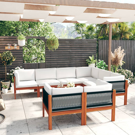 Salon de jardin 10 pièces avec coussins, blanc crème, bois d'acacia massif