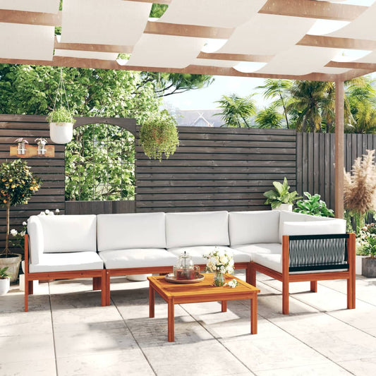 Salon de jardin 6 pièces avec coussins, blanc crème, bois d'acacia massif