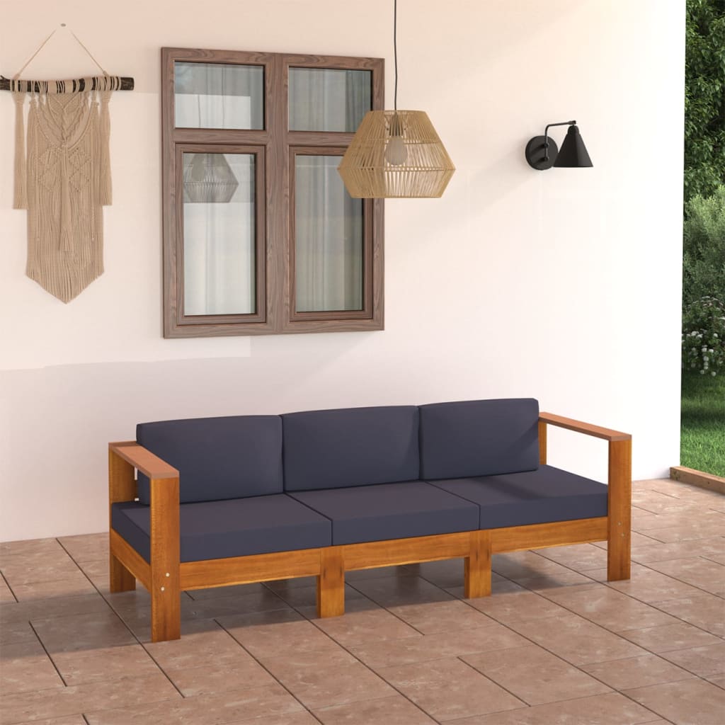 Canapé de jardin 3 places avec coussins gris foncé en bois d'acacia massif
