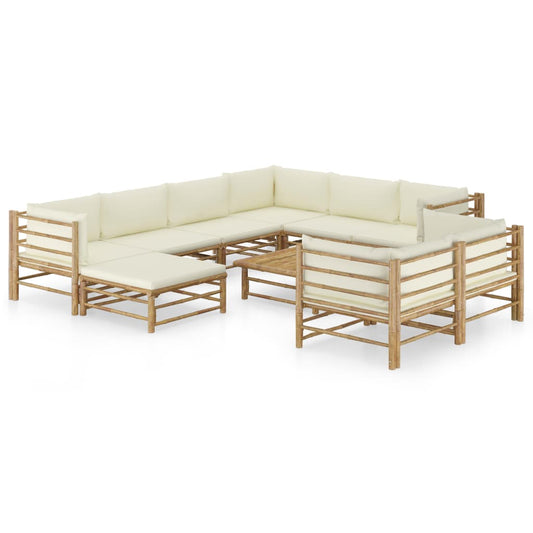 Salon de jardin 10 pièces avec coussins en bambou blanc crème