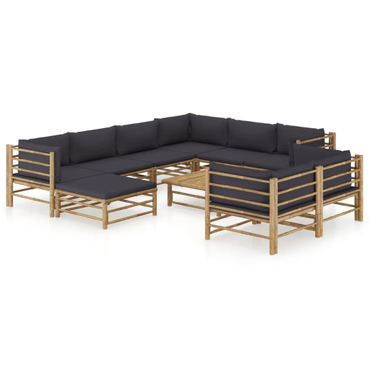 Salon de jardin 10 pièces avec coussins en bambou gris foncé