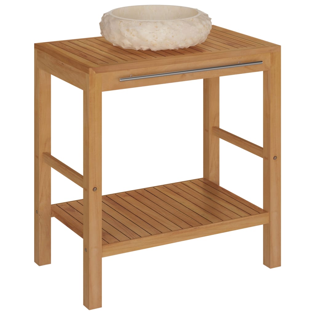 Waschtisch Massivholz Teak mit Waschbecken Marmor Creme