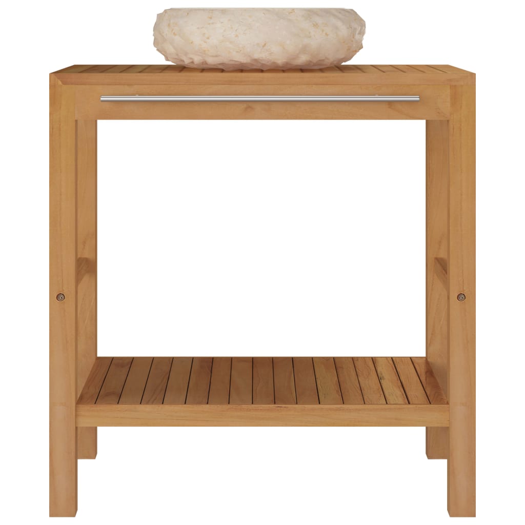 Waschtisch Massivholz Teak mit Waschbecken Marmor Creme