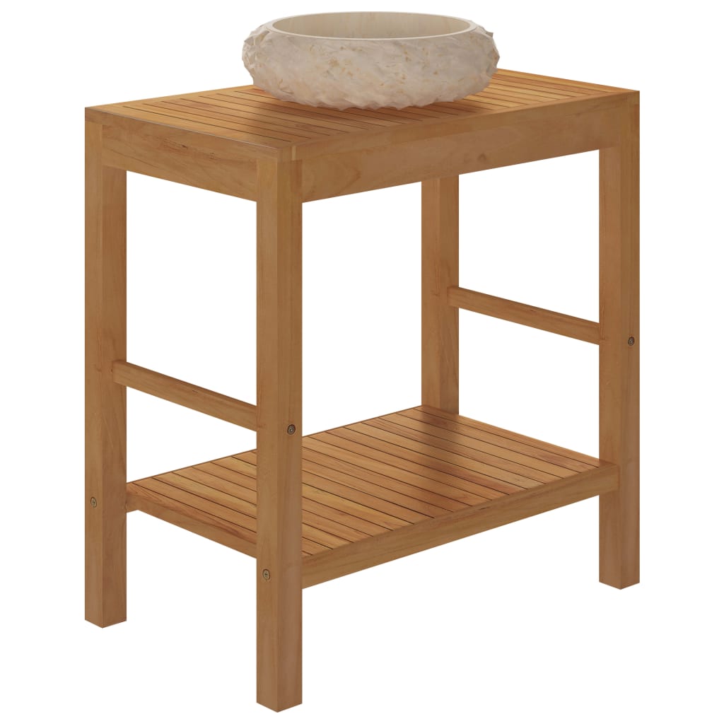 Waschtisch Massivholz Teak mit Waschbecken Marmor Creme