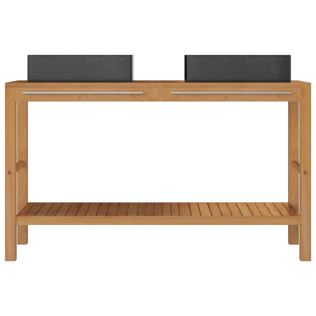 Waschtisch Massivholz Teak mit Waschbecken Marmor Schwarz