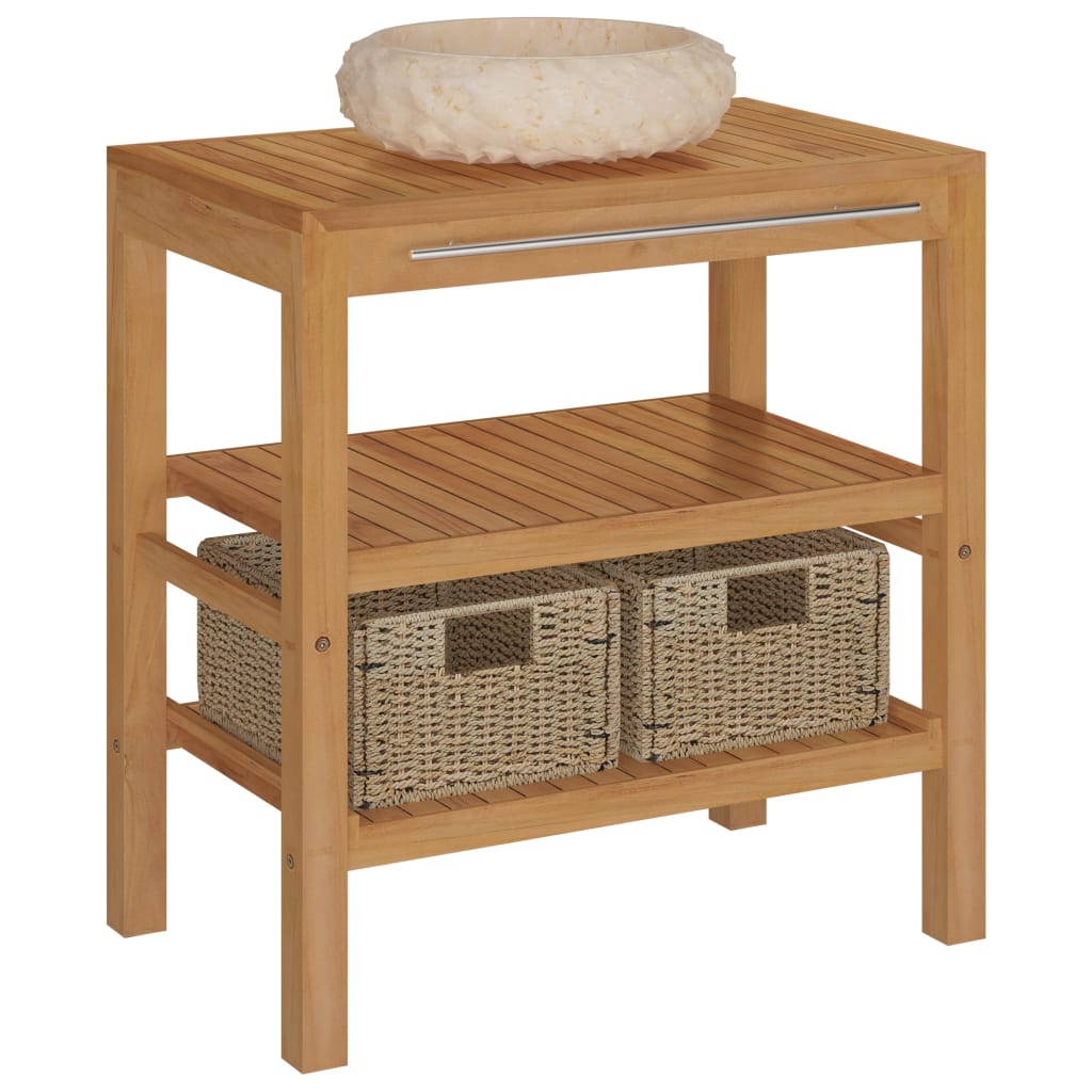 Waschtisch Massivholz Teak mit Waschbecken Marmor Creme