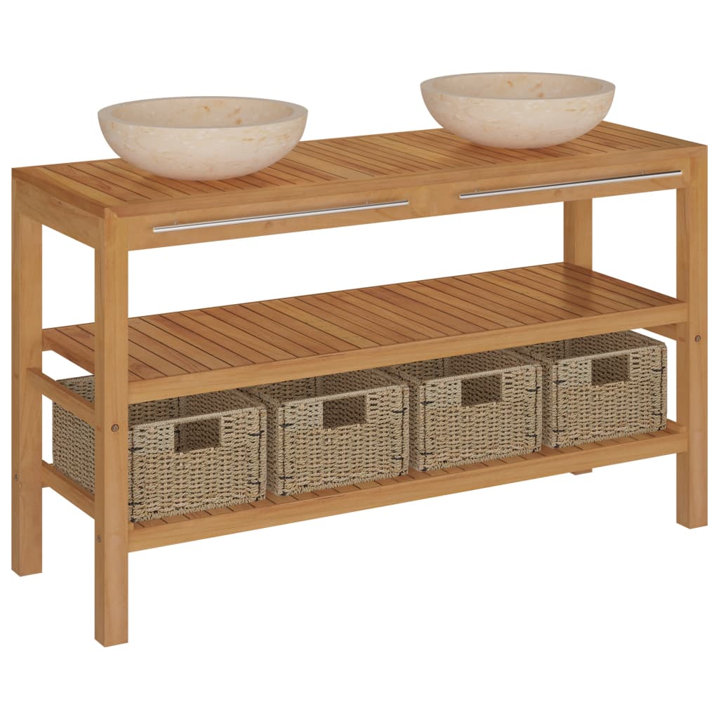 Waschtisch Massivholz Teak mit Waschbecken Marmor Creme