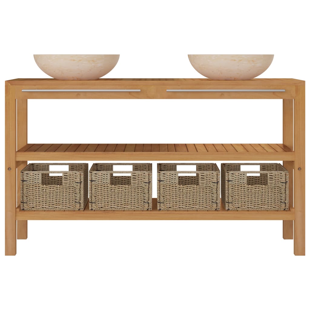 Waschtisch Massivholz Teak mit Waschbecken Marmor Creme