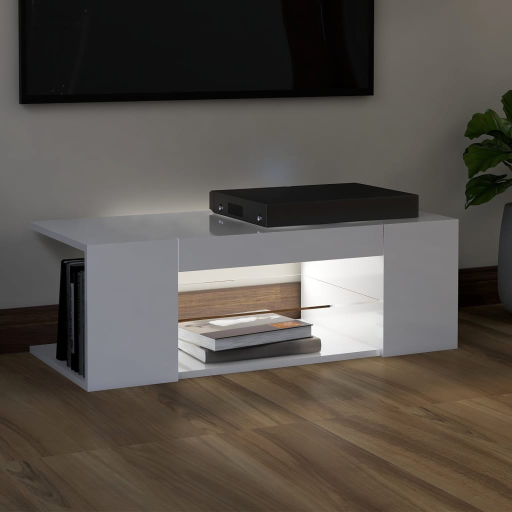 TV cabinet with LED lights high-gloss white 90x39x30 cm