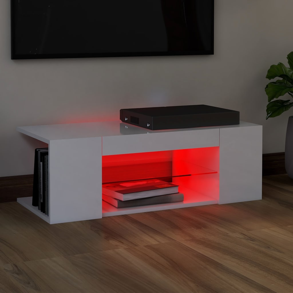 TV cabinet with LED lights high-gloss white 90x39x30 cm