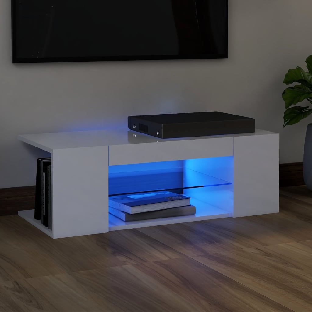 TV cabinet with LED lights high-gloss white 90x39x30 cm