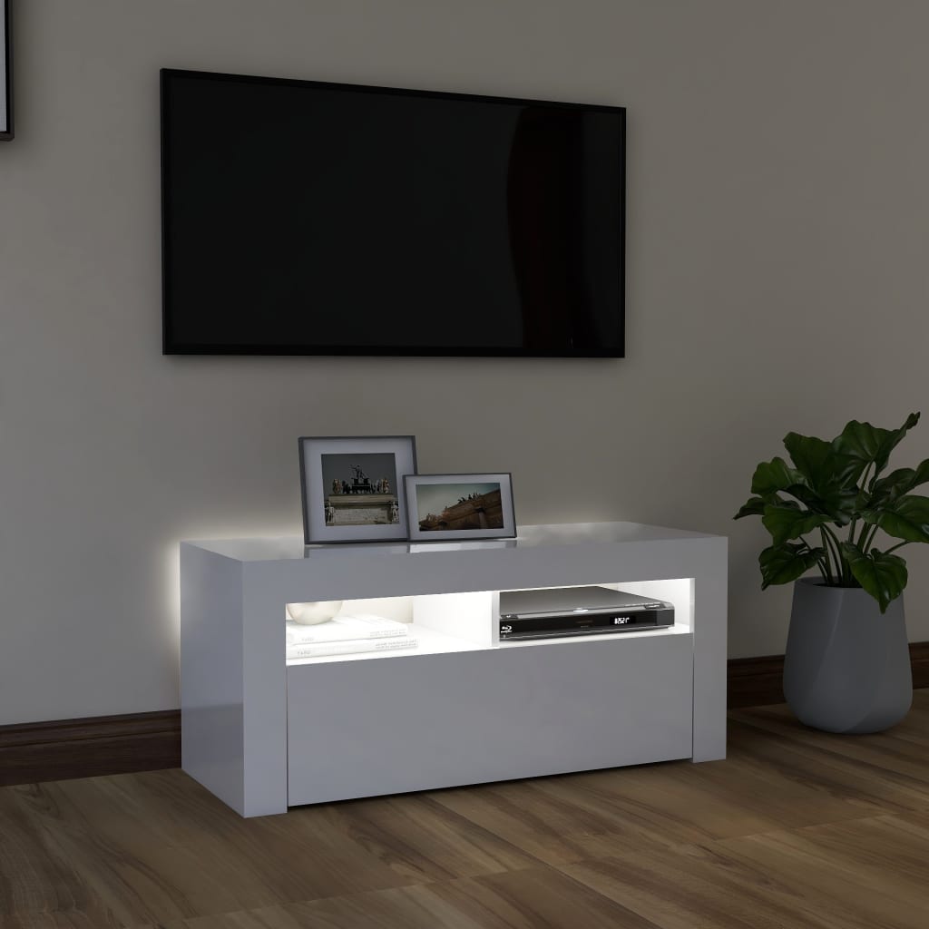 TV cabinet with LED lights high-gloss white 90x35x40 cm