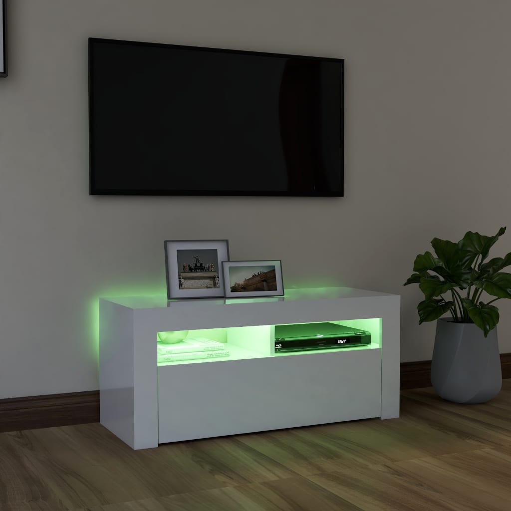 TV cabinet with LED lights high-gloss white 90x35x40 cm