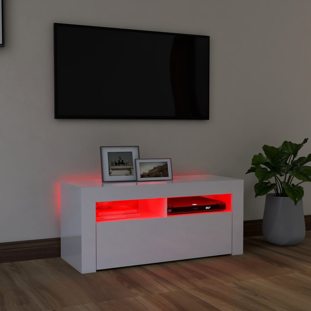 TV cabinet with LED lights high-gloss white 90x35x40 cm