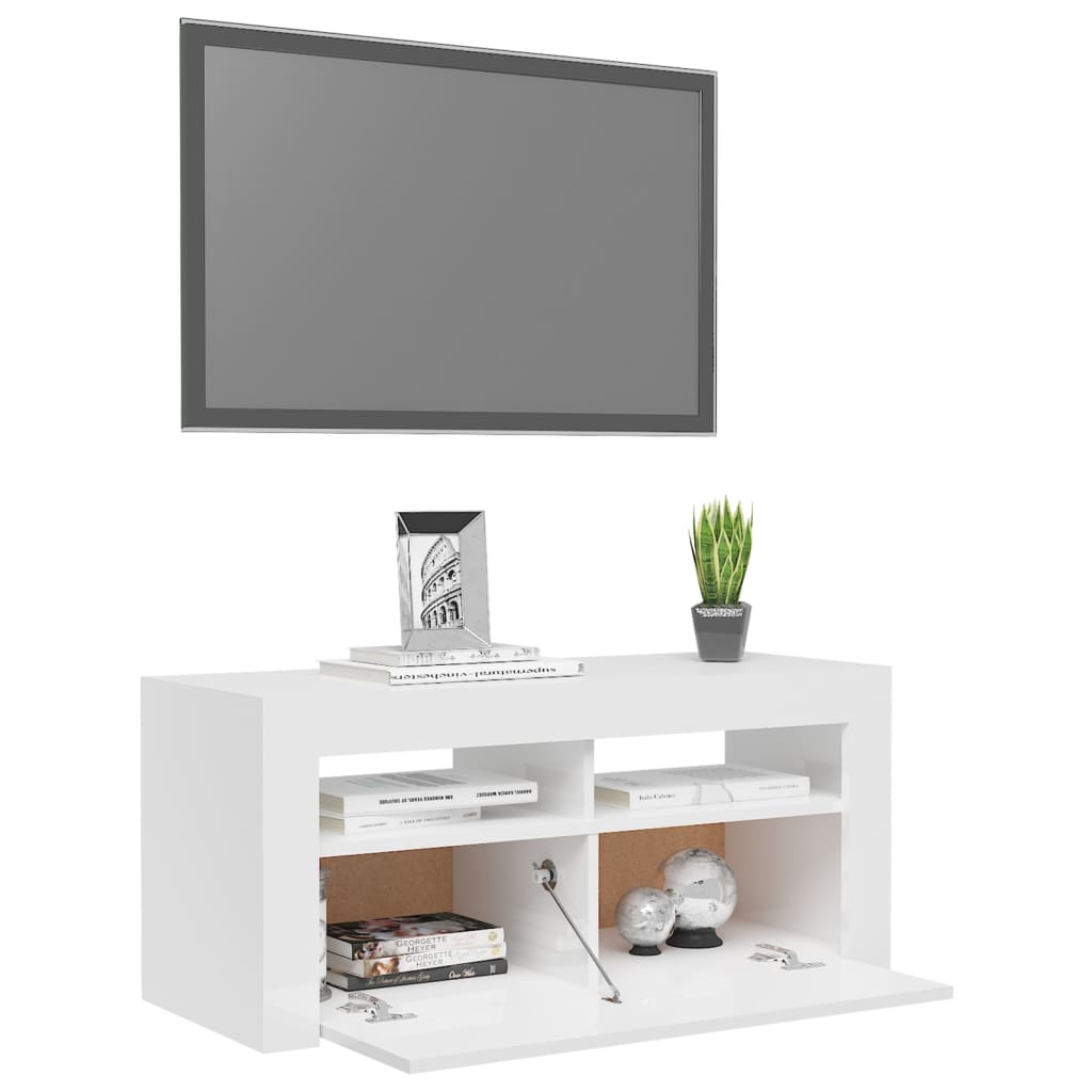 TV cabinet with LED lights high-gloss white 90x35x40 cm