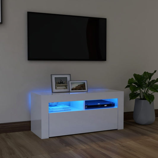 TV cabinet with LED lights high-gloss white 90x35x40 cm