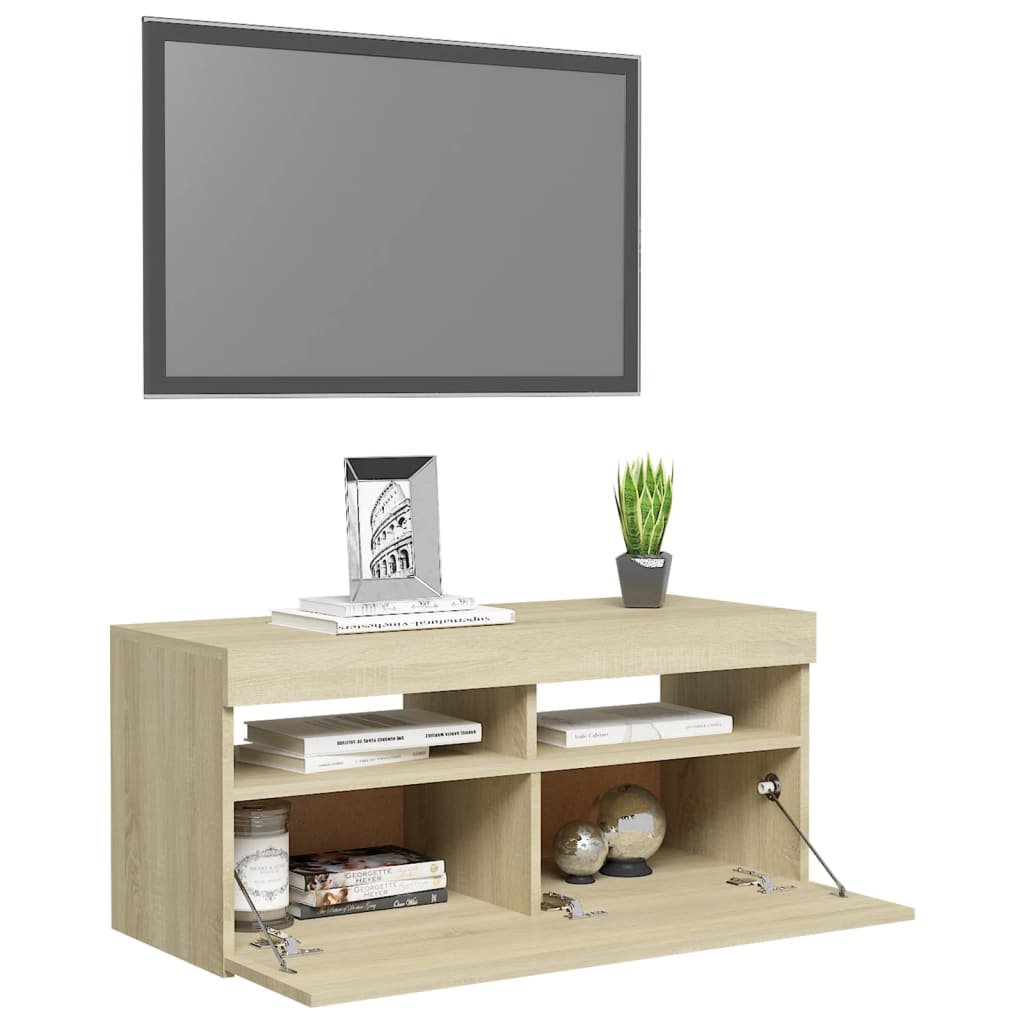 Meuble TV avec lumières LED Chêne Sonoma 90x35x40 cm