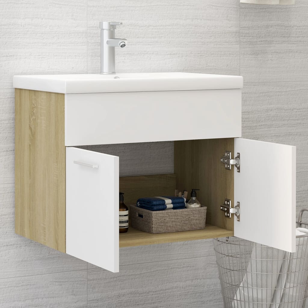 Waschbeckenunterschrank Weiß Sonoma-Eiche 60x38,5x46 cm