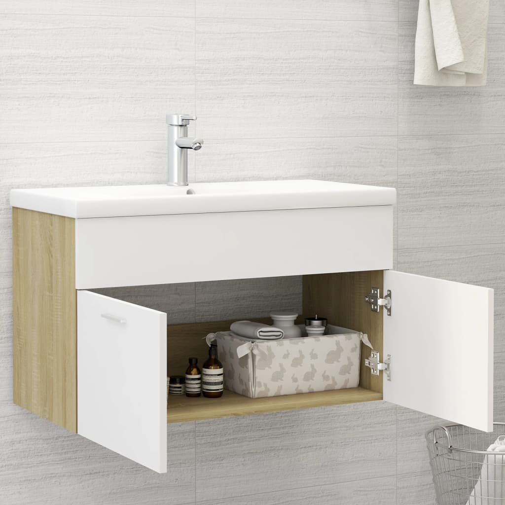 Waschbeckenunterschrank Weiß Sonoma-Eiche 80x38,5x46 cm