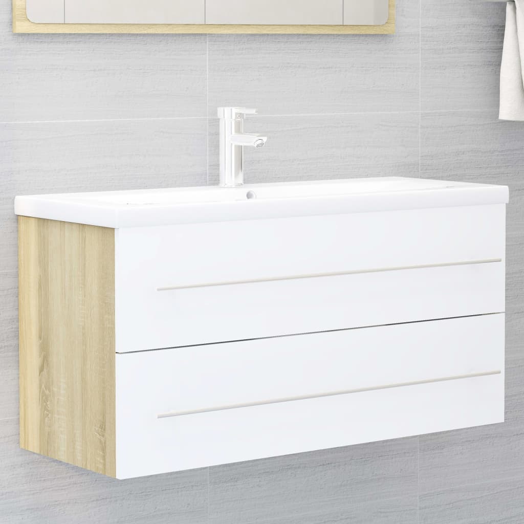 Waschbeckenunterschrank Weiß Sonoma-Eiche 100x38,5x48 cm