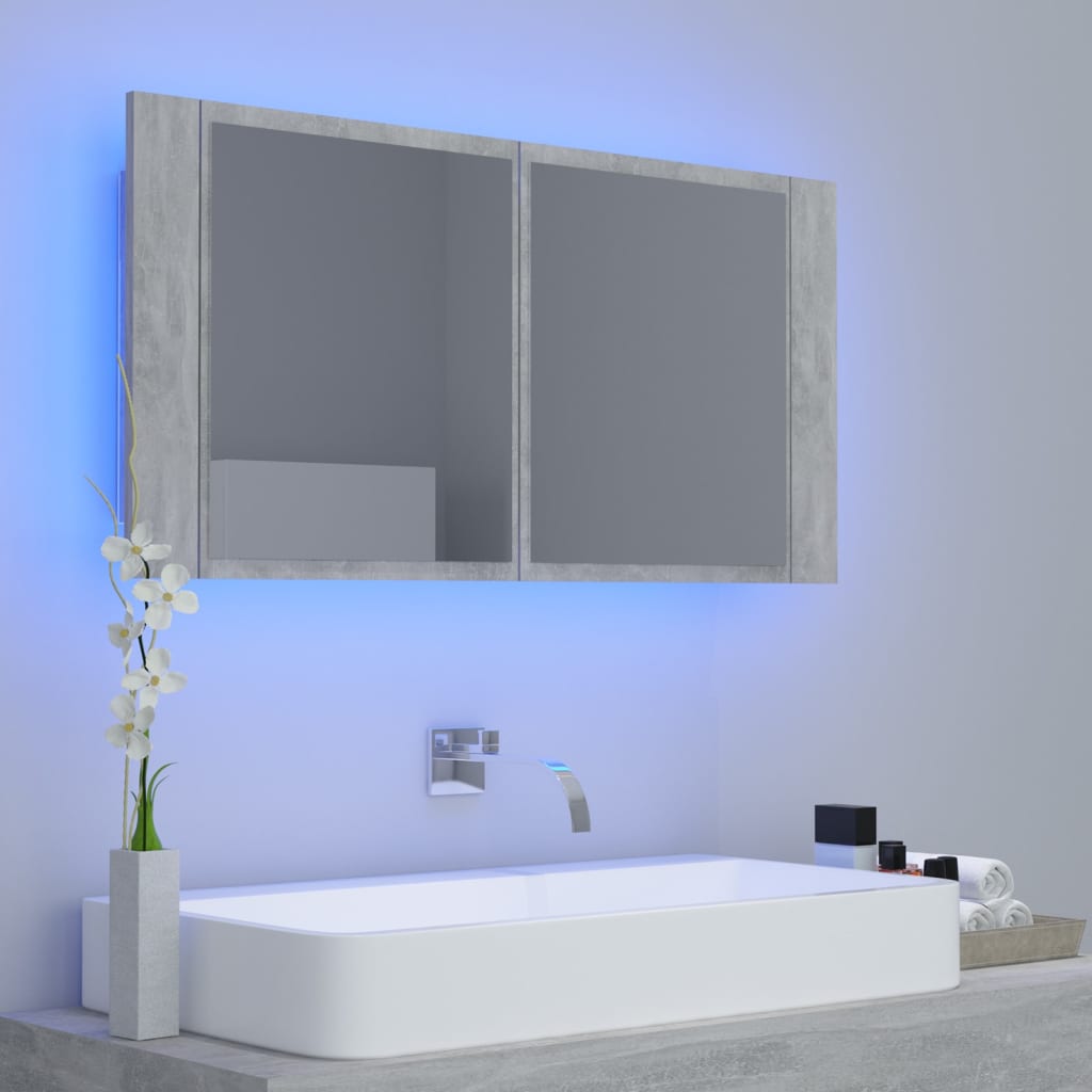 Armoire de toilette LED avec miroir de salle de bain gris béton 90x12x45 cm acrylique