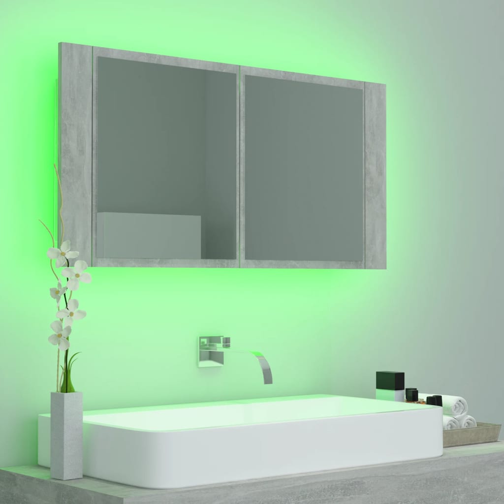 Armoire de toilette LED avec miroir de salle de bain gris béton 90x12x45 cm acrylique