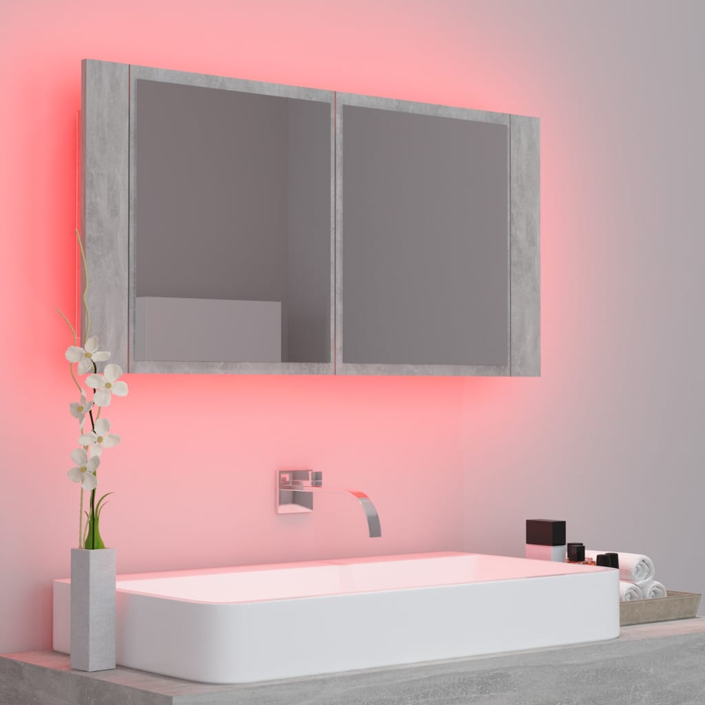 Armoire de toilette LED avec miroir de salle de bain gris béton 90x12x45 cm acrylique