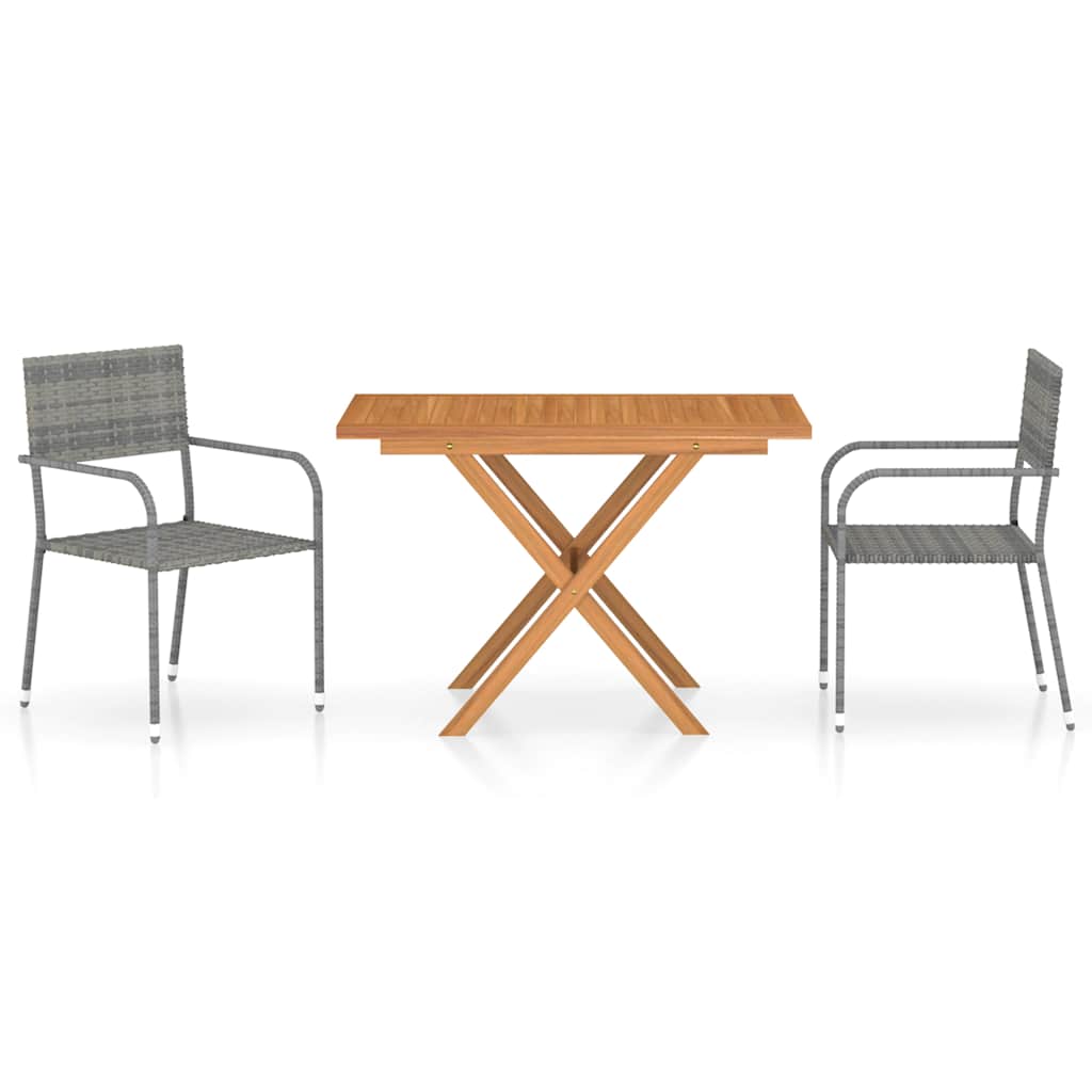 3-tlg. Garten-Essgruppe Poly Rattan & Massivholz Akazie Grau