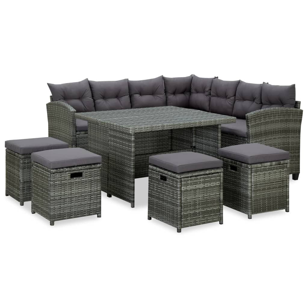 6 pièces. Salon de jardin avec coussins poly rotin gris