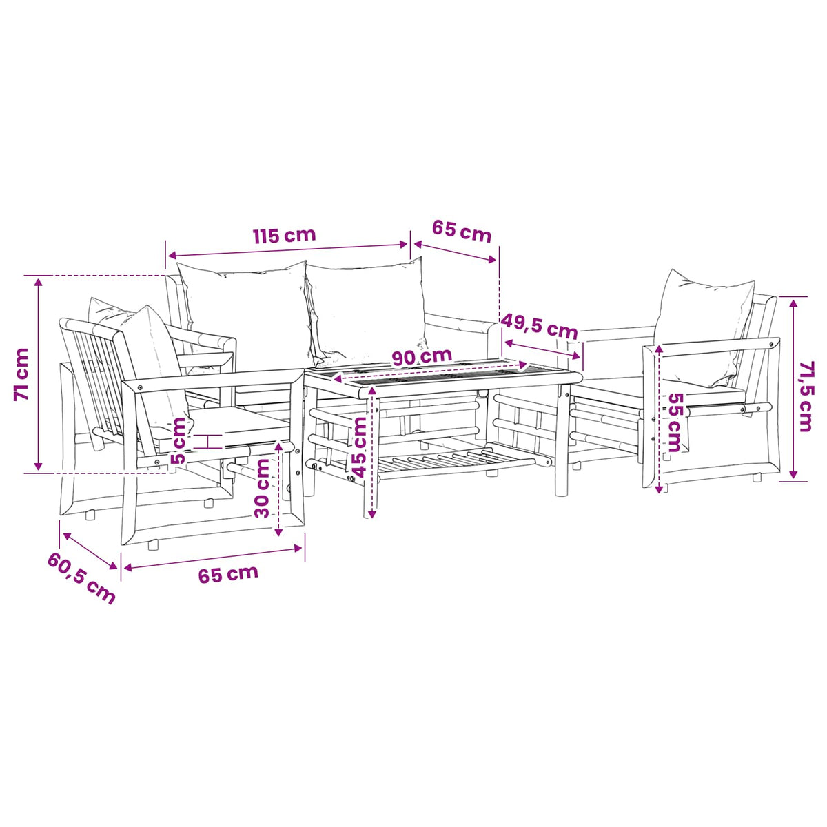 4-tlg. Garten-Lounge-Set mit Auflagen Bambus