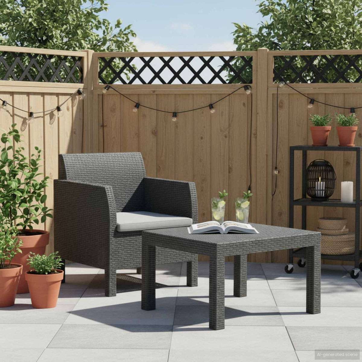 2-tlg. Garten-Lounge-Set mit Auflage PP Rattan Anthrazit