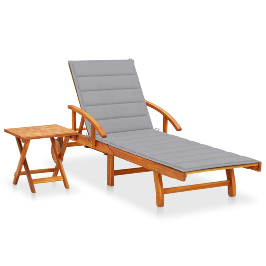 Chaise longue avec table et coussin en bois d'acacia massif