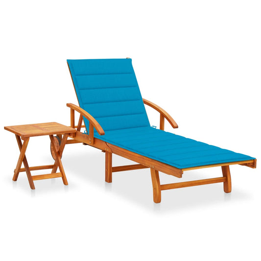 Chaise longue avec table et coussin en bois d'acacia massif