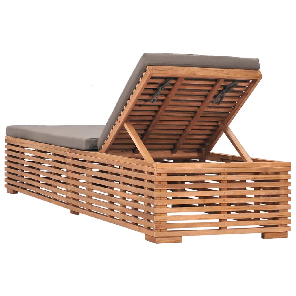 Chaise longue avec coussin gris foncé en bois de teck massif