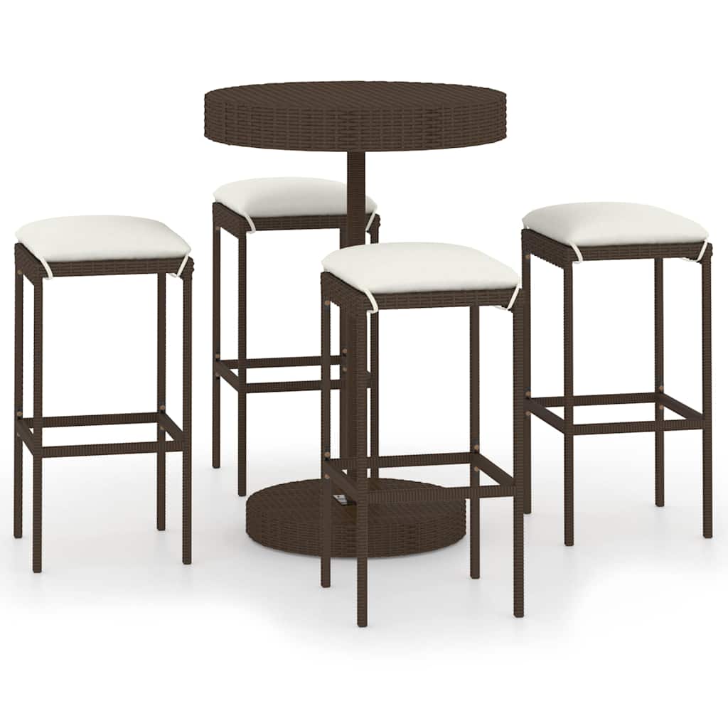 5-tlg. Gartenbar-Set mit Kissen Poly Rattan Braun