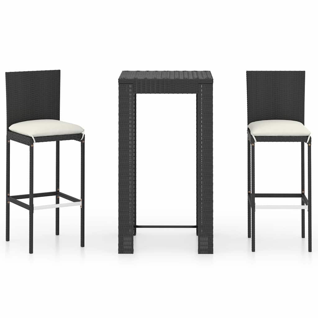 3-tlg. Gartenbar-Set mit Kissen Poly Rattan Schwarz
