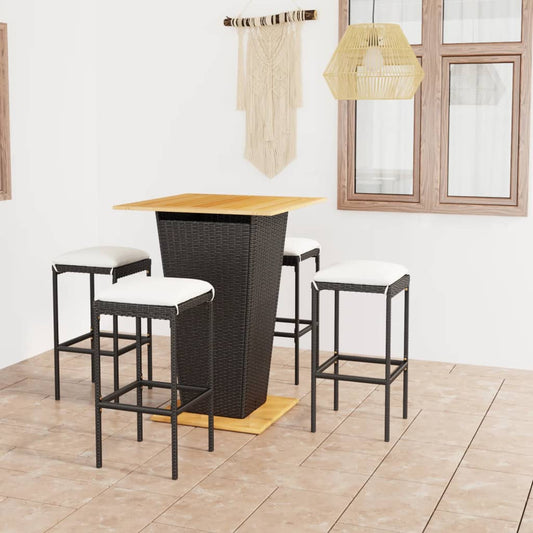 5-tlg. Gartenbar-Set mit Kissen Poly Rattan Schwarz
