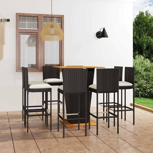 9-tlg. Gartenbar-Set mit Kissen Poly Rattan Schwarz